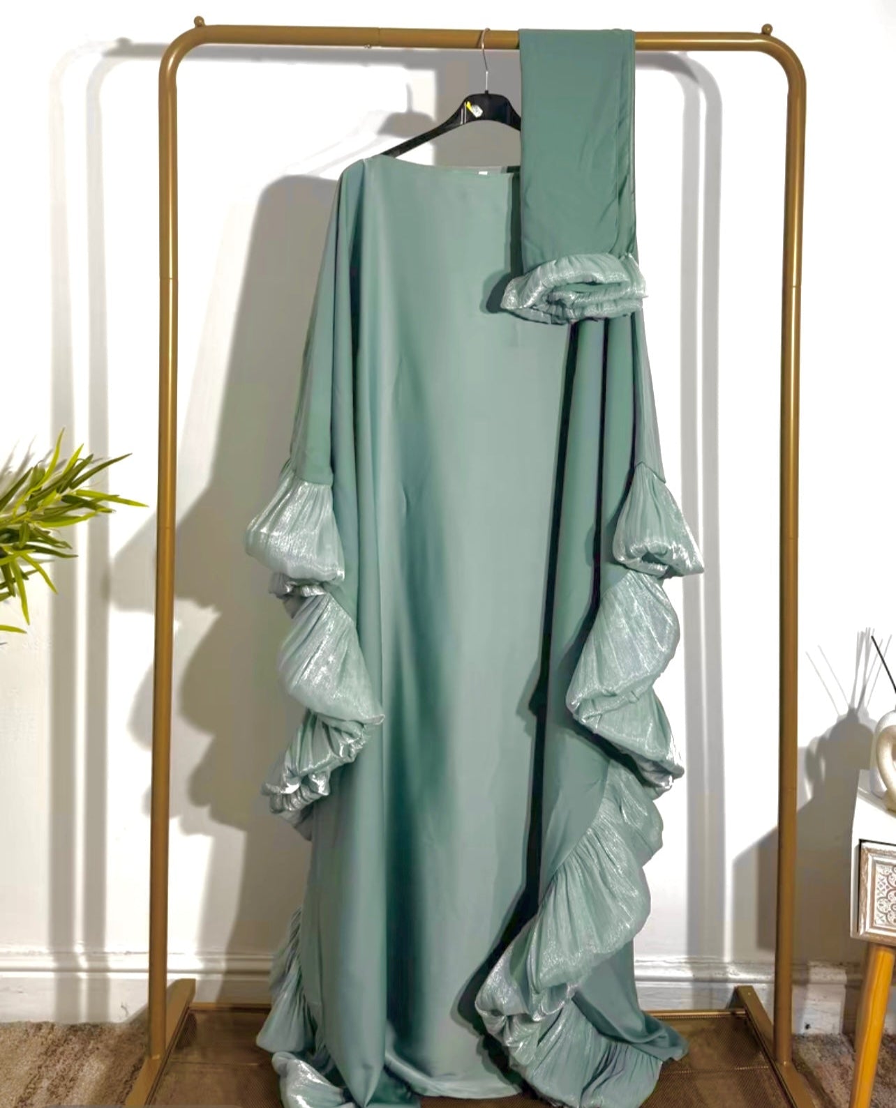 sage green abaya, Eid abaya for women, butterfly abaya with belt, satin abaya with hijab, modest satin dress for Eid