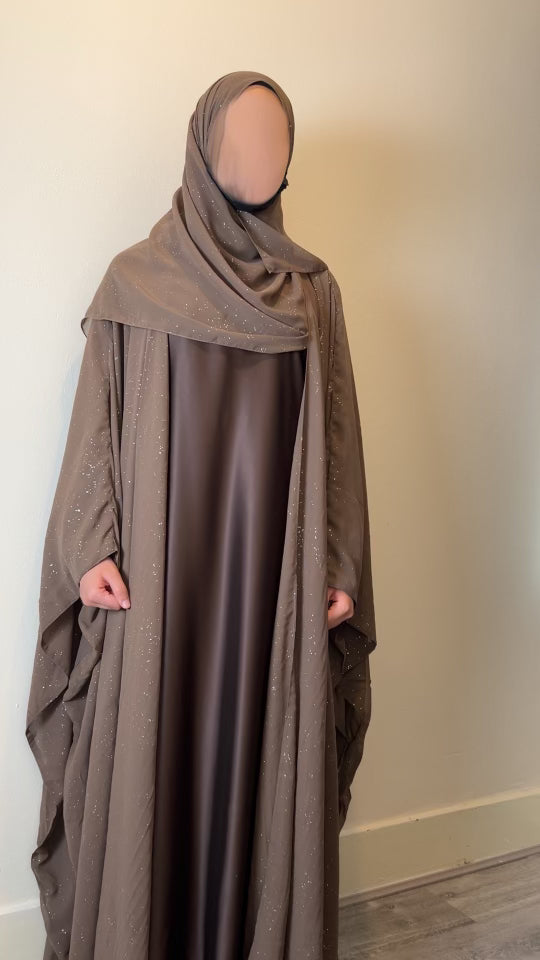 Safa Abaya Four-Piece Set in brown Glitter Chiffon Outer Farasha
