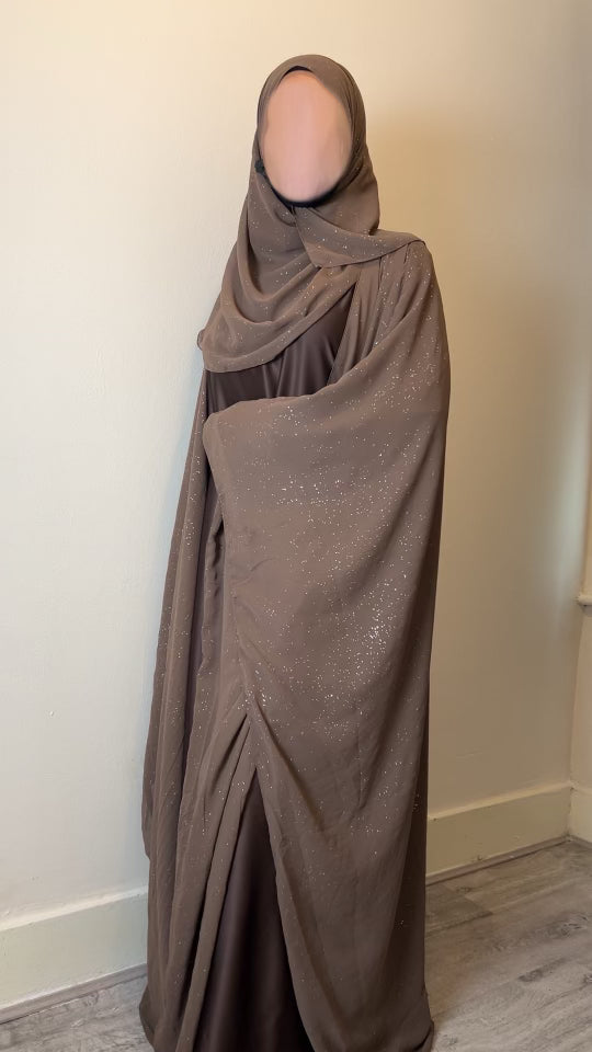Safa Abaya Four-Piece Set in brown Glitter Chiffon Outer Farasha
