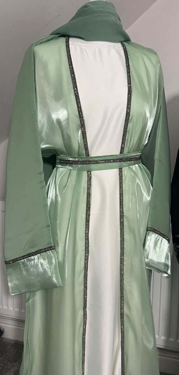 Gorgeous Green 4 piece abaya set, white satin inner dress organza outer open abaya, lace belt, matching chiffon scarf Emirati Fashion, arabic muslim fashion