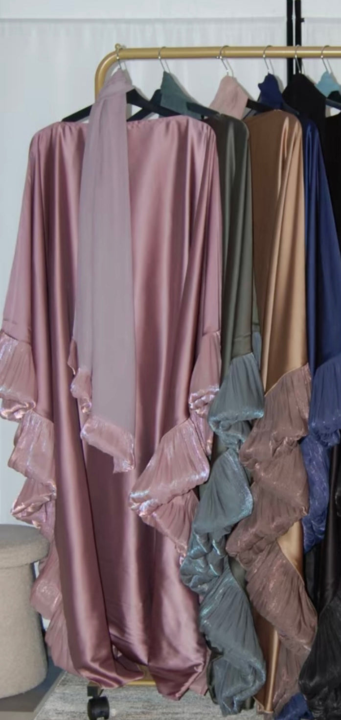 abaya, Eid abaya for women, butterfly abaya with belt, satin abaya with hijab, modest satin dress for Eid