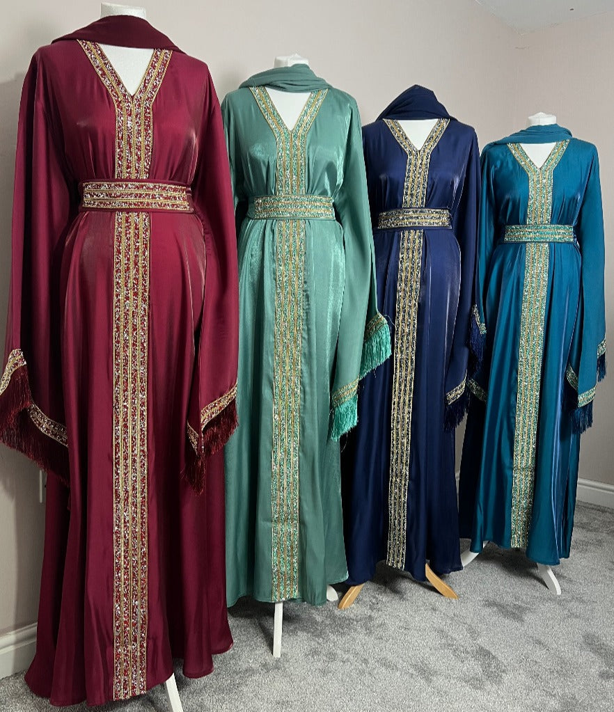 Luxury Eid Abaya Set by Dubayaluxe availbale in Maroon, Teal, Sage and Navy