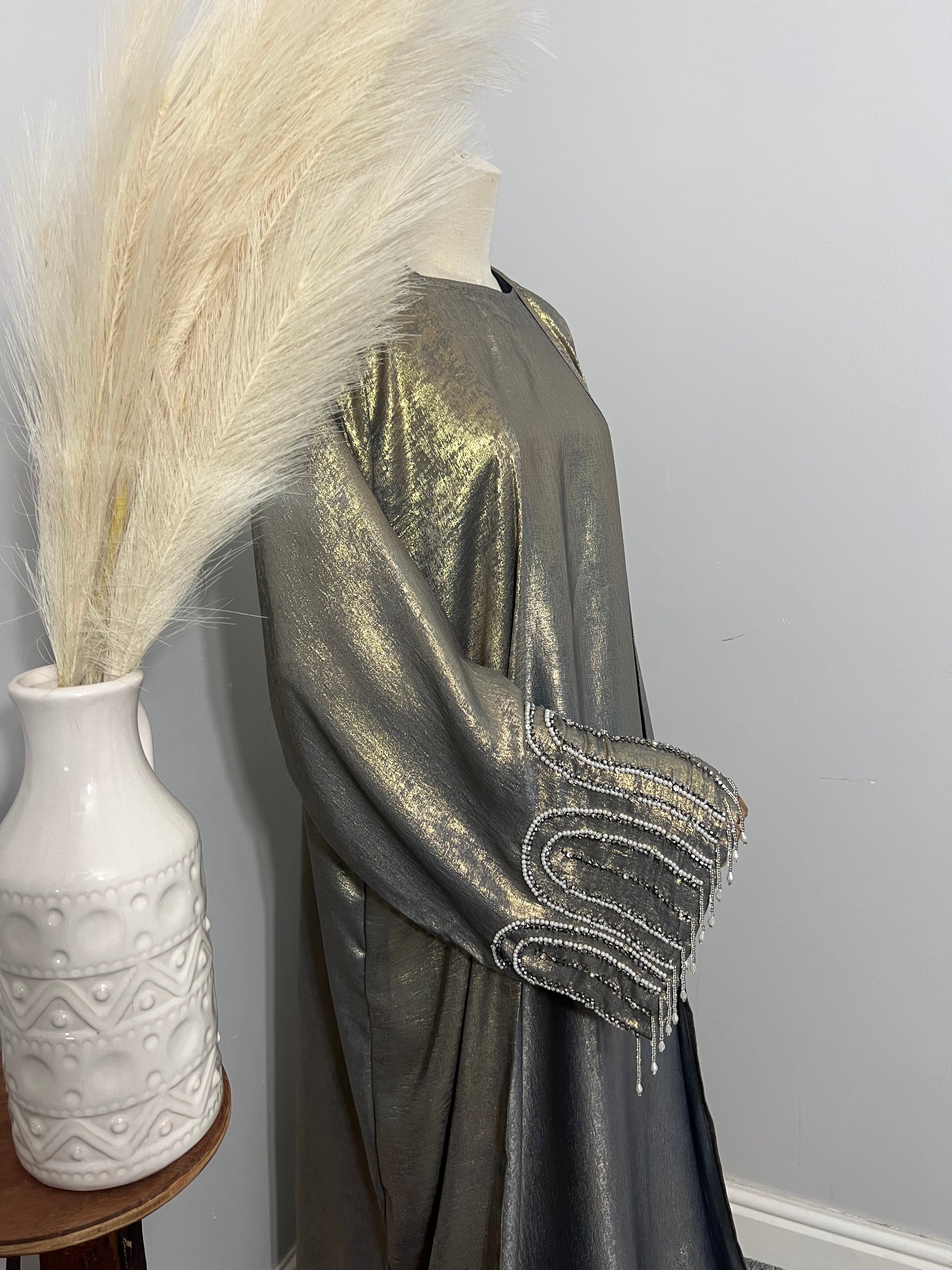 Glamorous Eid abaya, metallic shimmer fabric, modest womens clothing, islamic clothing, long abayas, abaya robe, modest dress, long dress, party dress