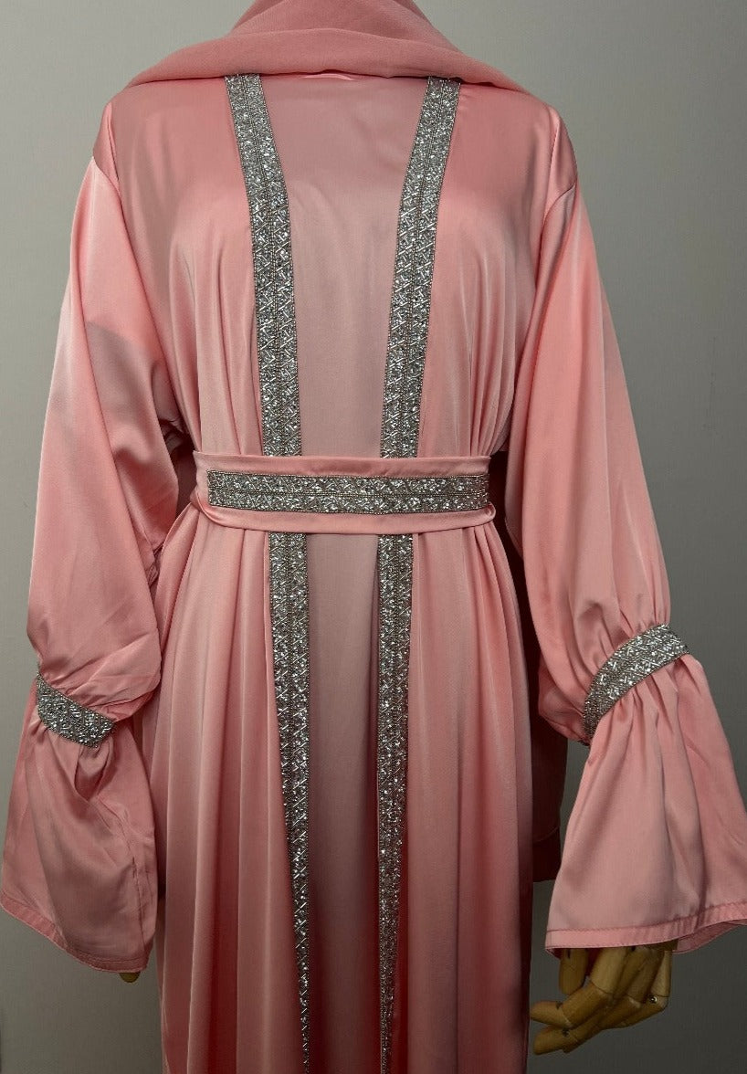 Women's coral Luxury Eid Abaya Sets by Dubayaluxe modest wear for women. glam abayas EID abayas