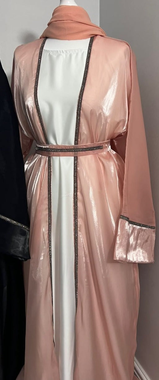 Gorgeous pink 4 piece abaya set, white satin inner dress organza outer open abaya, lace belt, matching chiffon scarf Emirati Fashion, arabic muslim fashion 