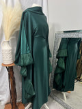 Emerald Abaya, Eid satin abaya with delicate organza frayed edges, butterfly abaya, hidden inner belt abayas Eid, fancy abaya with matching scarf, long green abaya