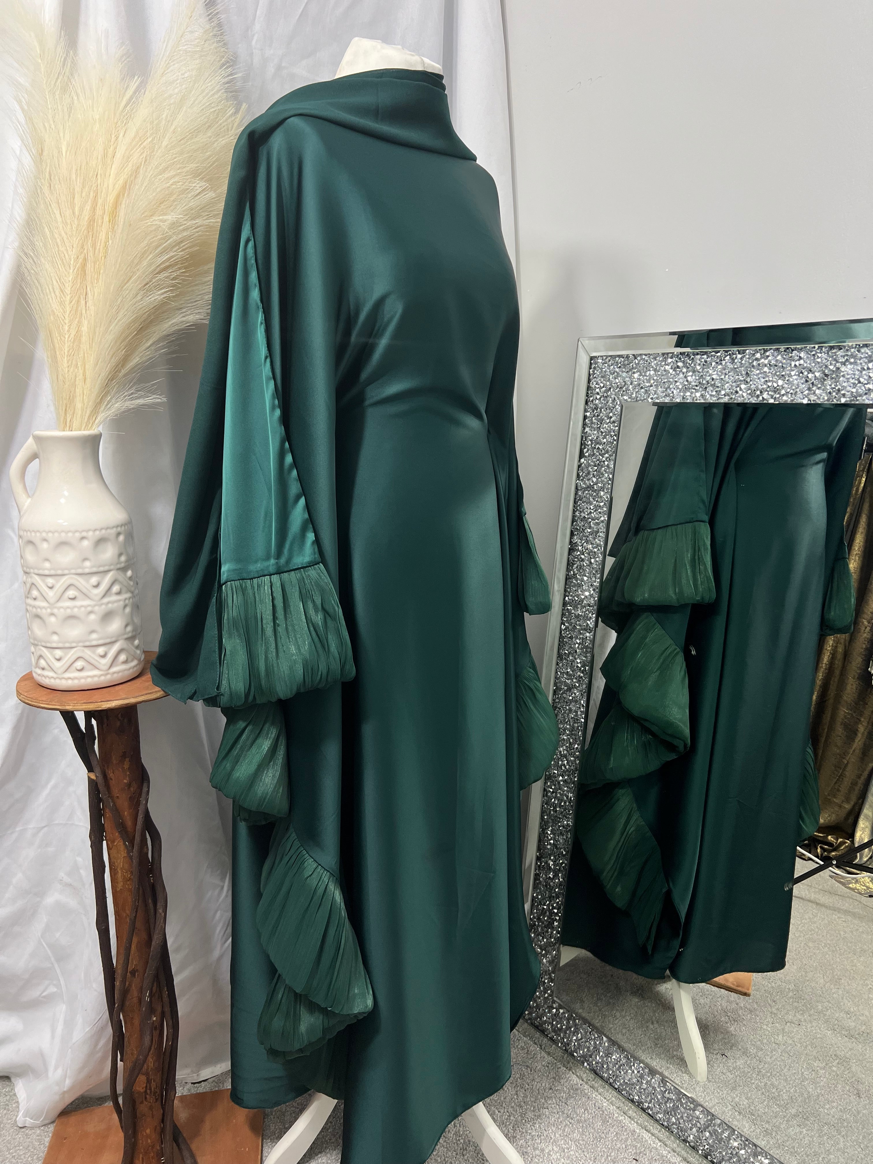 Emerald Abaya, Eid satin abaya with delicate organza frayed edges, butterfly abaya, hidden inner belt abayas Eid, fancy abaya with matching scarf, long green abaya