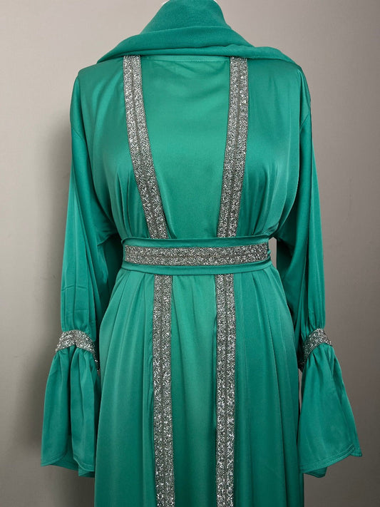 Women's Turquoise Luxury Eid Abaya Sets by Dubayaluxe modest wear for women. glam abayas EID abayas