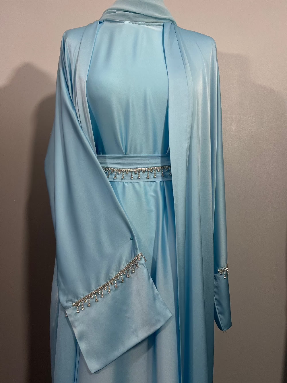 Baby Blue 4 piece satin abaya set, EID clothing, EID Fashion,