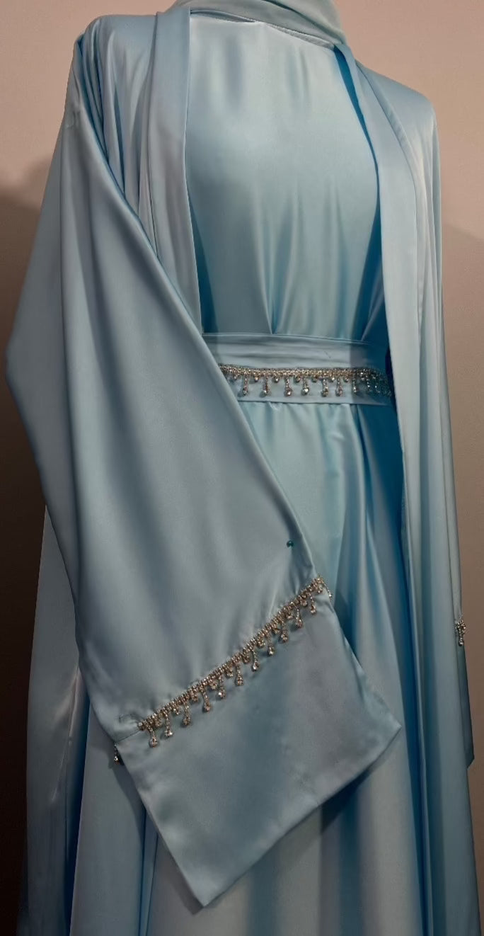 Baby Blue 4 piece abaya set, armani satin outer abaya, jewel lace along the sleeves, matching chiffon scarf, womens modest fashion for special occasions, EID clothing, EID Fashion,