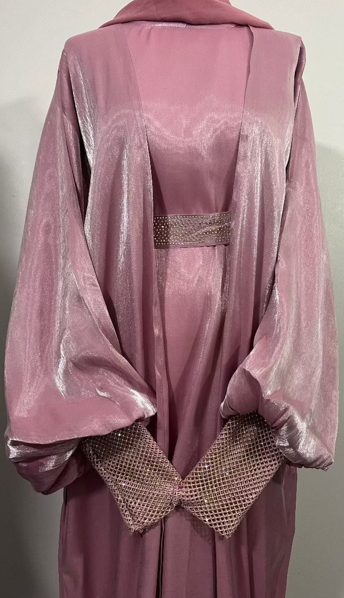 Gorgeous pink 4 piece abaya set, Inner abaya belt with chiffon scarf, women's abayas, comfortable and elegant abaya’s muslim modest fashion arabic clothing