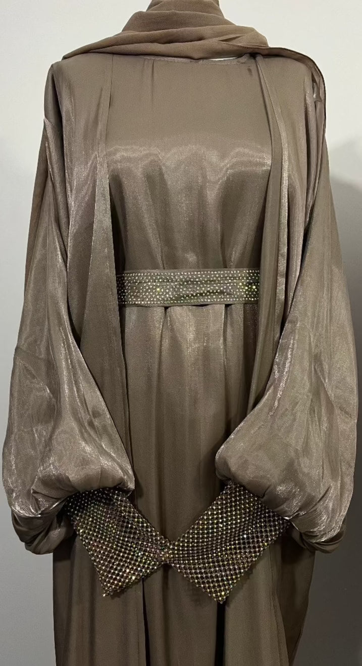 Gorgeous Beige 4 piece abaya set, Inner abaya belt with chiffon scarf, women's abayas, comfortable and elegant abaya’s muslim modest fashion arabic clothing