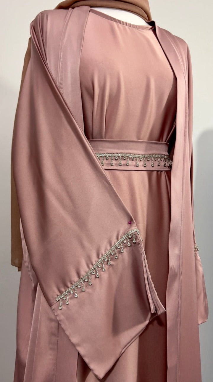 Gorgeous 4 piece pink abaya set sleek armani satin abaya with jewel lace stitched along the sleeves, aab, UAE abayas, stylish abayas