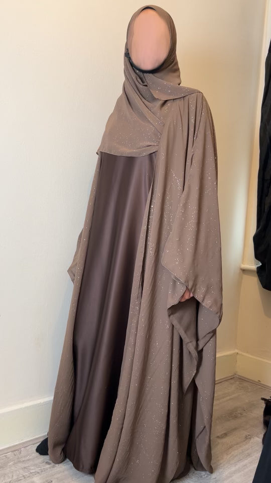 Safa Abaya Four-Piece Set in brown Glitter Chiffon Outer Farasha