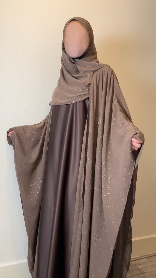 Safa Abaya Four-Piece Set in brown Glitter Chiffon Outer Farasha