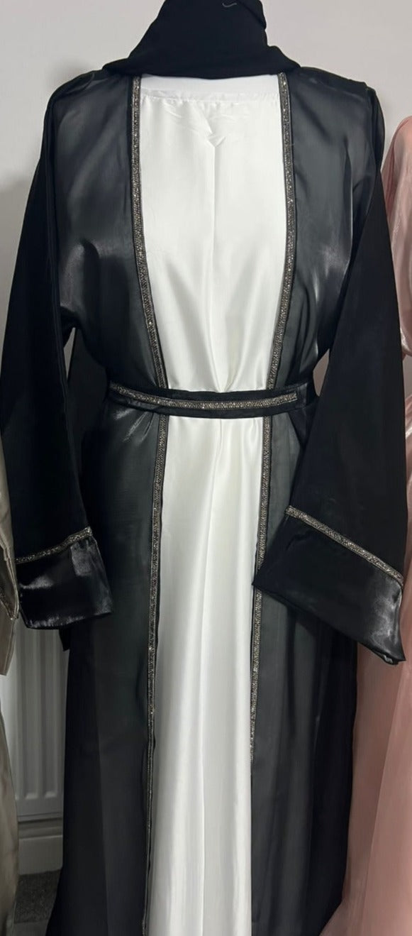 black Gorgeous 4 piece abaya set, white satin inner dress organza outer open abaya, with lace belt, matching chiffon scarf Emirati Fashion, arabic muslim fashion 